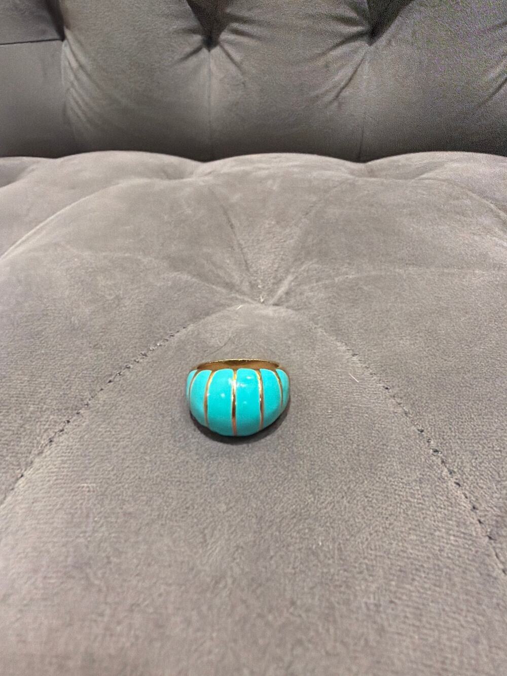 Vintage Gold Tone Chunky Melon Dome Ring Turquoise Resin Enamel Statement size 8
